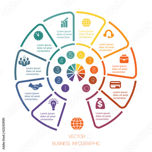 Infographic Semicircle template from colourful lines with text areas on ten positions. Business infographic