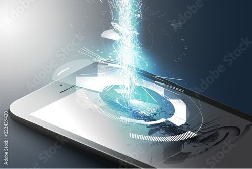 Augmented reality marketing concept. Black color smart phone with abstract tech design graphic element. AR application background. 3D vector illustration.