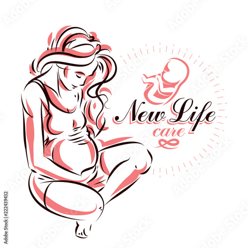 Pregnant female beautiful body outline, mother-to-be drawn vector illustration. Prenatal center and motherhood preparing clinic promotion flyer