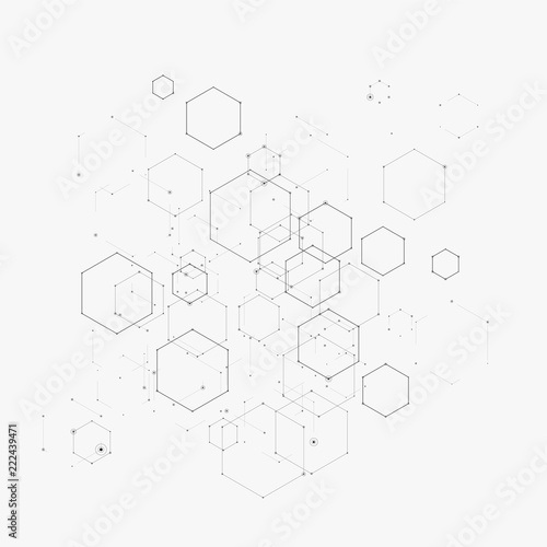 Abstract vector illustration with hexagons  lines and dots on white background. Hexagon infographic. Digital technology  science or medical concept. Hexagonal geometric vector background.