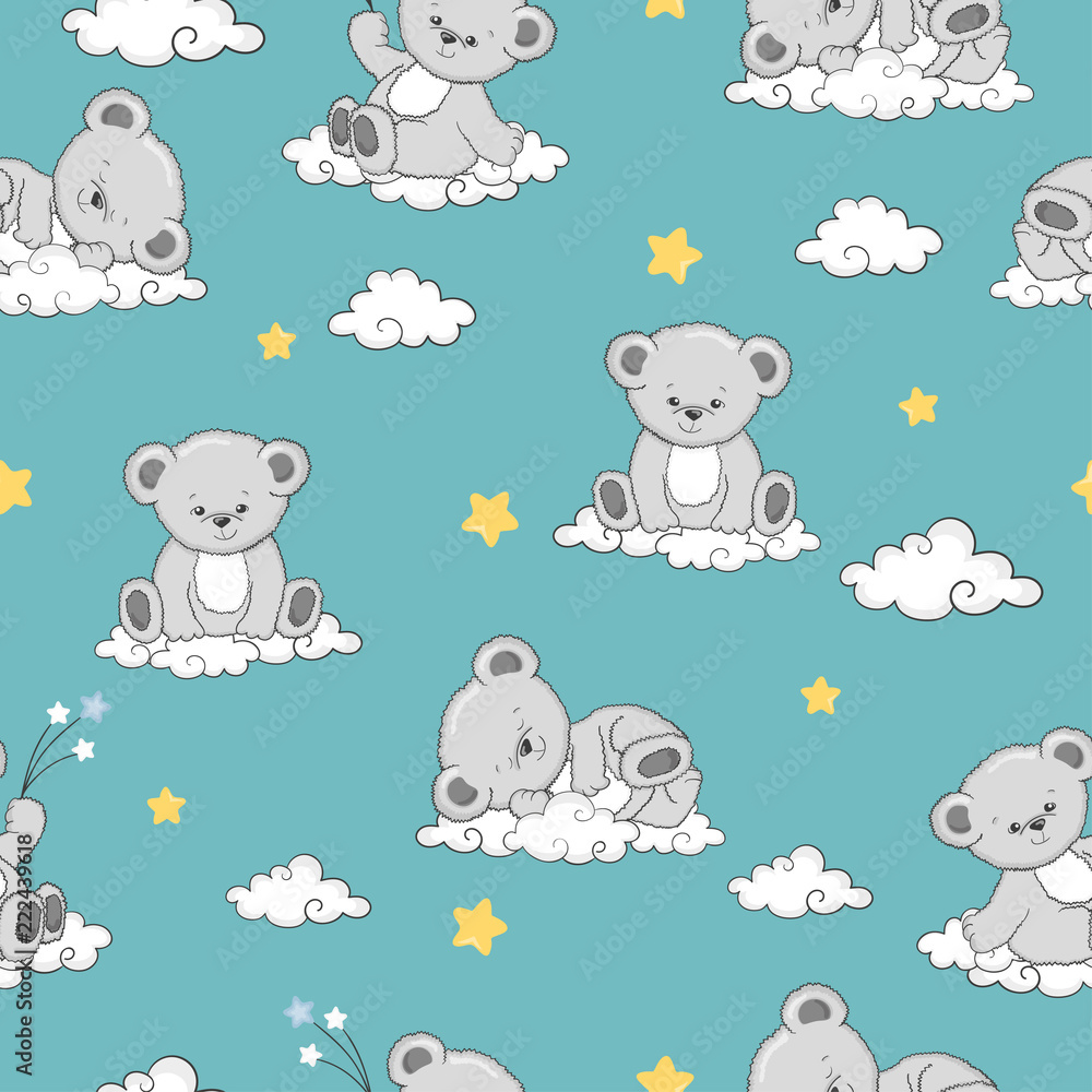 Seamless pattern with cute sleeping Teddy Bears on clouds. Seamless pattern with cute sleeping Teddy Bears on clouds.