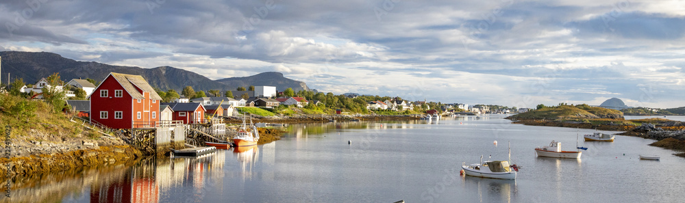 Salhus strait with sea houses and boats in Northern Norway