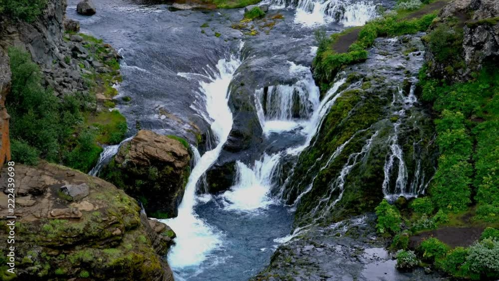 Aerial view of the waterfalls in the Gjain canyon at Pjorsardalur Valley in Highland of Iceland Aerial view of the waterfalls in the Gjain canyon at Pjorsardalur Valley in Highland of Iceland