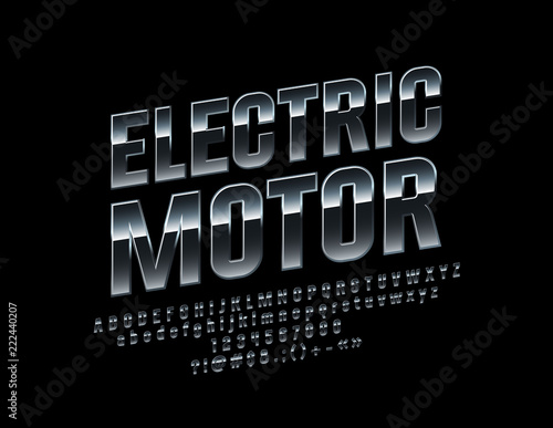 Vector metallic Electric Motor Sign with Font. Dark Silver ALphabet Letters and Symbols