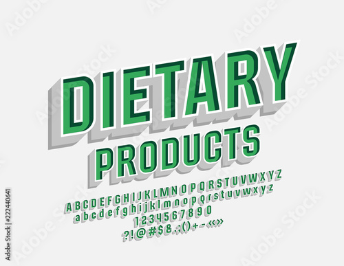 Vector Eco Emblem Dietary Products with 3D Font. Green and White Alphabet Letters, Numbers and Symbols.