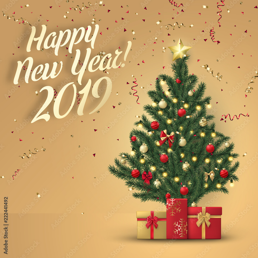 Obraz premium Happy New Year 2019 card with Christmas tree and gifts.