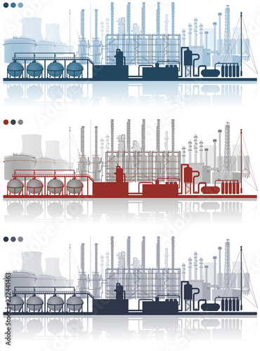 Paysage d'une plateforme industrielle pétrochimique avec des cheminées, sphères, bacs de stockage, colonnes de distillation, vapocraqueur, centrale électrique, silos en 3 couleurs modifiables 