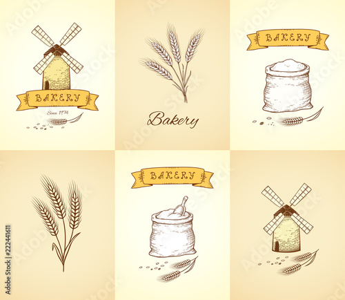 hand drawn bakery and wheat isolated icons set