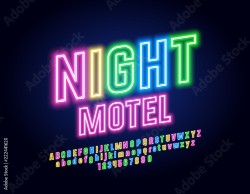 Vector Neon Colorful Emblem Night Motel. Glowing Font for Business Banner. Alphabet Letters and Numbers.