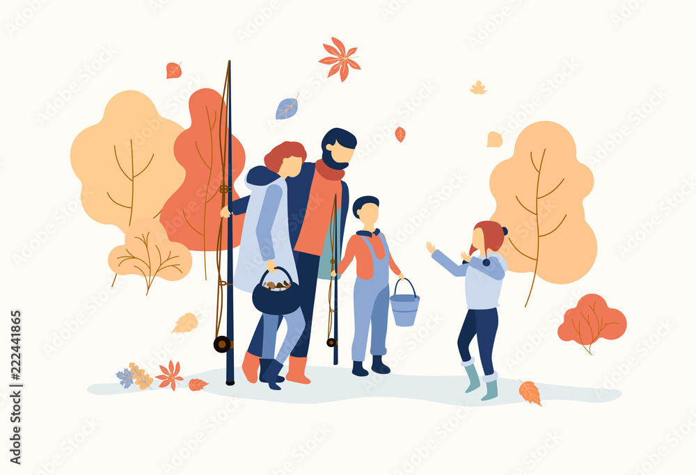 Fototapeta premium Happy family spend leisure time outdoors. Autumn illustration.