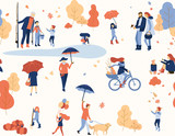 Autumn seamless pattern with people outdoors. Flat design.