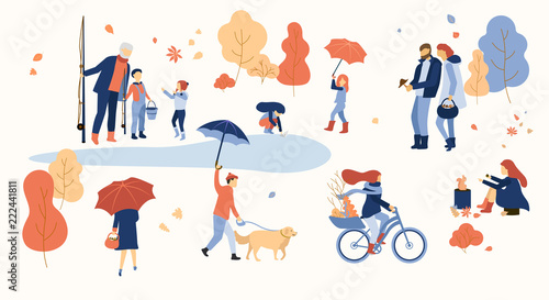 People spend leisure time outdoors in park. Autumn illustration.