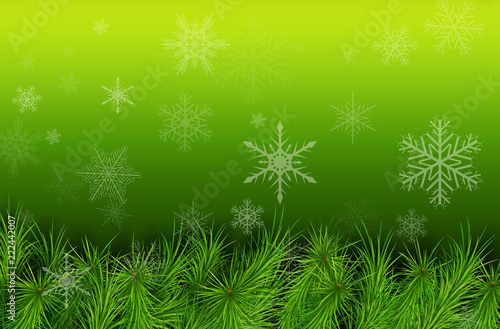 Christmas green background with fir branches and snowflakes