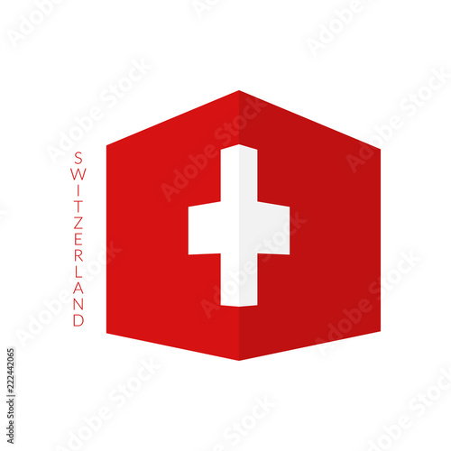 National switzerlan flag in 3d perspective.Abstract cube.White cross on red background.