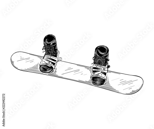 Vector engraved style illustration for posters, decoration and print. Hand drawn sketch of snowboard in black isolated on white background. Detailed vintage etching style drawing.