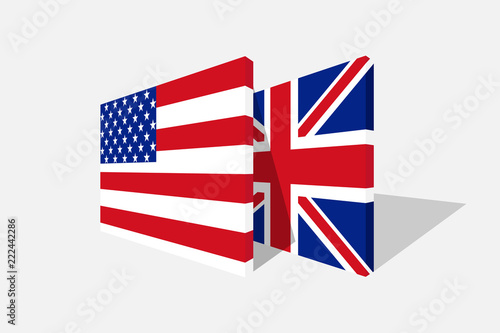 USA and UK flags in 3d perspective with transparent shadow.Symbol of american and britain relationship.