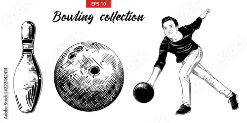 Vector engraved style illustration for posters, decoration and print. Hand drawn sketch set of bowling player, pin and ball isolated on white background. Detailed vintage etching drawing.