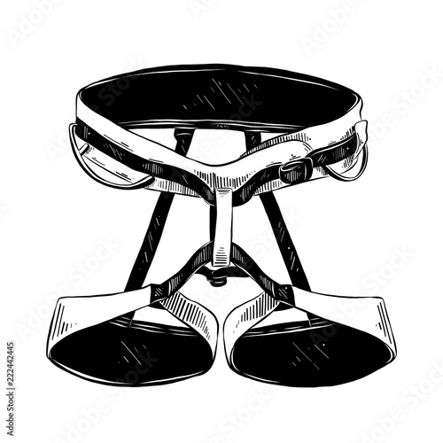 Vector engraved style illustration for posters, decoration and print. Hand drawn sketch of climber belt in black isolated on white background. Detailed vintage etching style drawing.