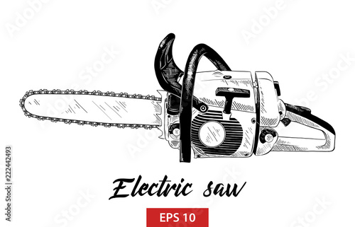 Vector engraved style illustration for posters, decoration and print. Hand drawn sketch of electric saw tool in black isolated on white background. Detailed vintage etching style drawing.