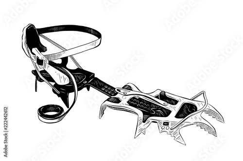 Vector engraved style illustration for posters, decoration and print. Hand drawn sketch of ice crampons in black isolated on white background. Detailed vintage etching style drawing.