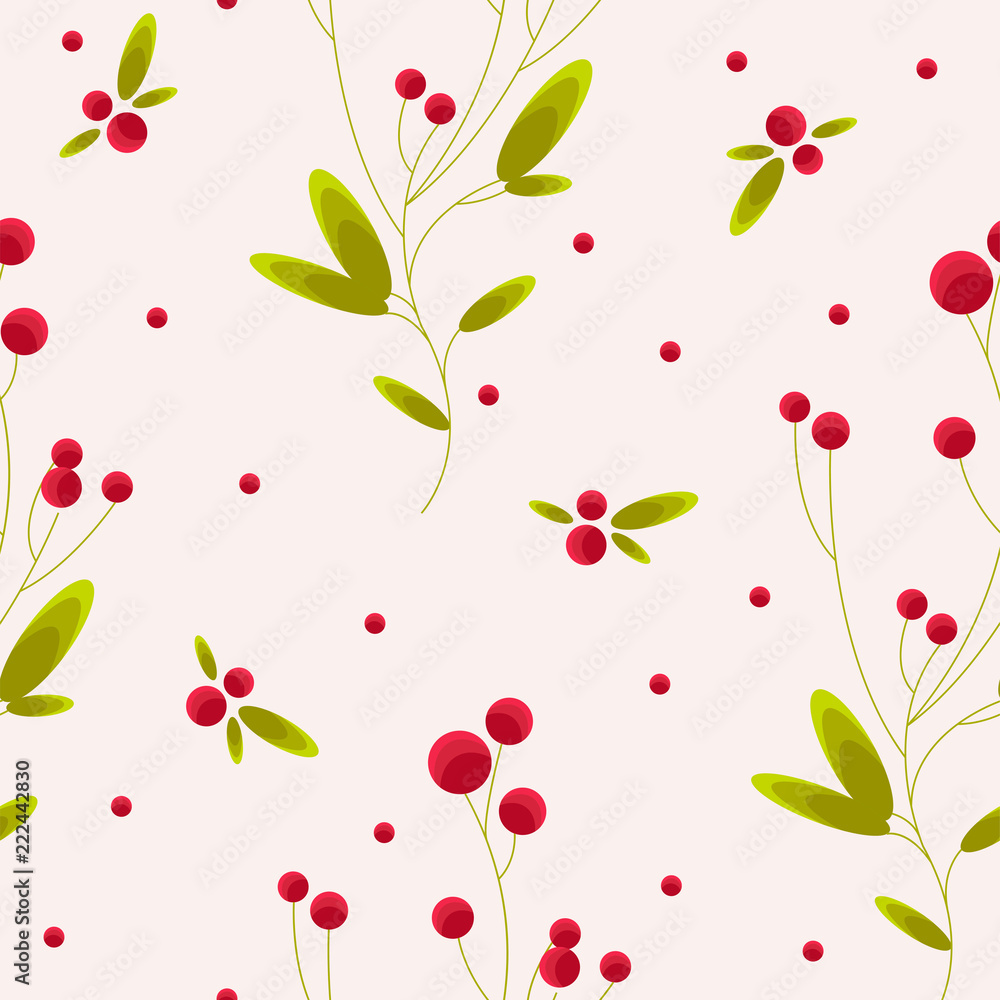 Cute and cozy seamless pattern with winter plants, red bilberry, cowberry,  cranberry, holly berry. Rustic natural scandinavian style Christmas  wrapping paper, wallpaper, textile design. Stock Vector