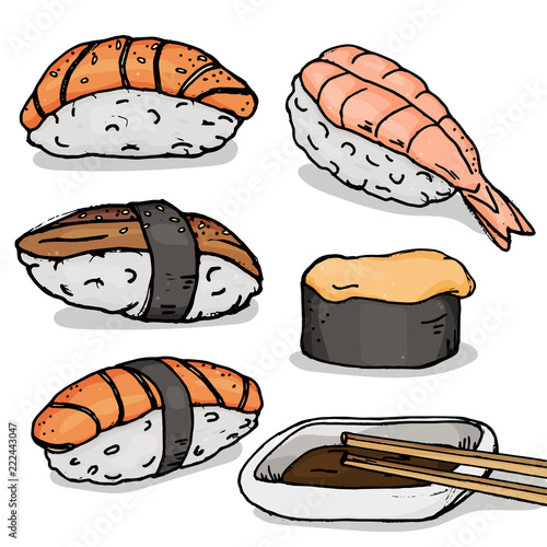 Set with different types of sushi and rolls, famous Japanese dishes on a white background. Colorful vector illustration in sketch style.