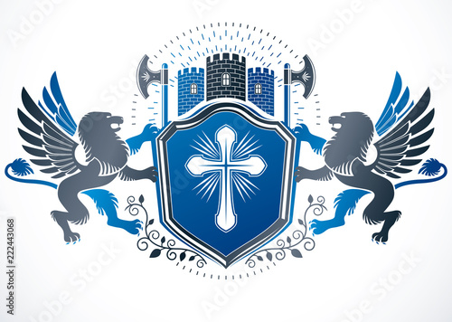 Fototapeta Naklejka Na Ścianę i Meble -  Retro vintage Insignia created using vector design elements like religious cross, hatchets, ancient castle and mythic gryphon.