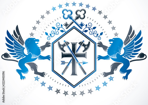 Fototapeta Naklejka Na Ścianę i Meble -  Retro vintage Insignia created with vector design elements like mythic gryphon, keys and religious cross.