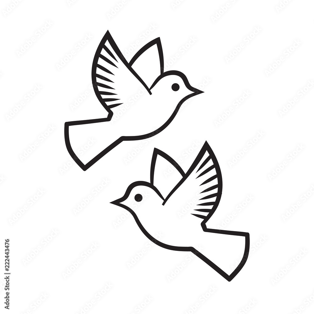 Fototapeta premium Vector black silhouette pair of flying doves. Wedding two pigeon birds