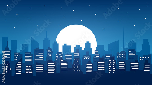 Modern City Night Skyline. Urban landscape. Flat cityscape buildings. City silhouettes