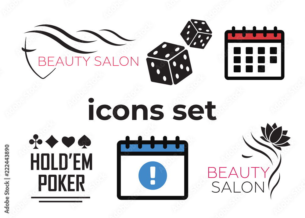 Event add delete progress icons and Poker club, casino sign set. Beautiful woman logo