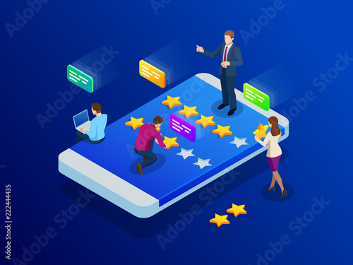 Customer reviews. Review rating on mobile phone, feedback vector illustration. Reading customer review in smart phone before buying products.