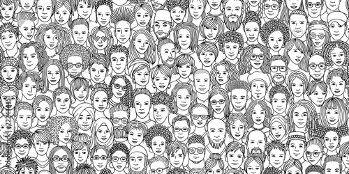Diverse crowd of people - seamless banner of 100 different hand drawn faces of various ethnicities photo