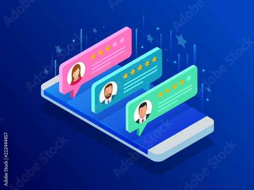 Customer reviews. Review rating on mobile phone, feedback vector illustration. Reading customer review in smart phone before buying products.