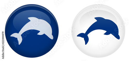 Simple dolphin button. Jumping fish symbol in circle. Blue and white version.