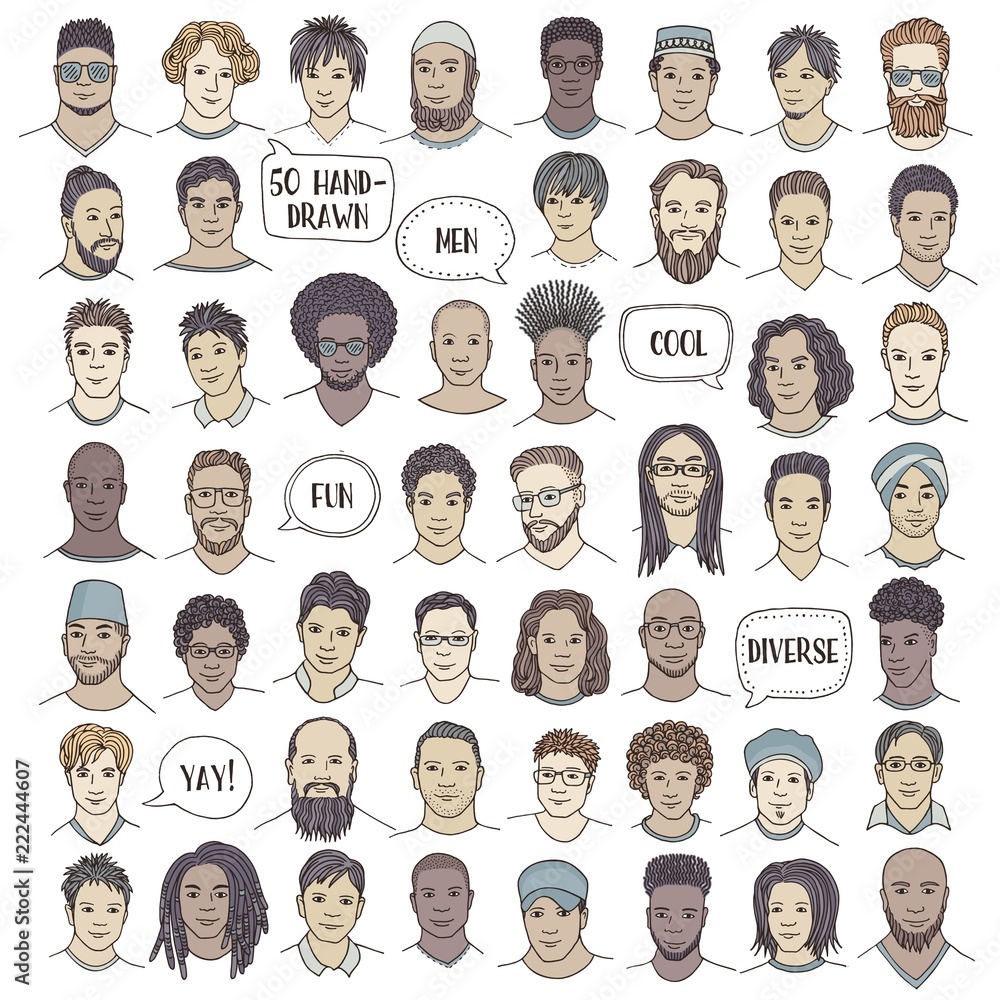 Set of fifty hand drawn male faces, colorful and diverse portraits of men of different ethnicities Set of fifty hand drawn male faces, colorful and diverse portraits of men of different ethnicities