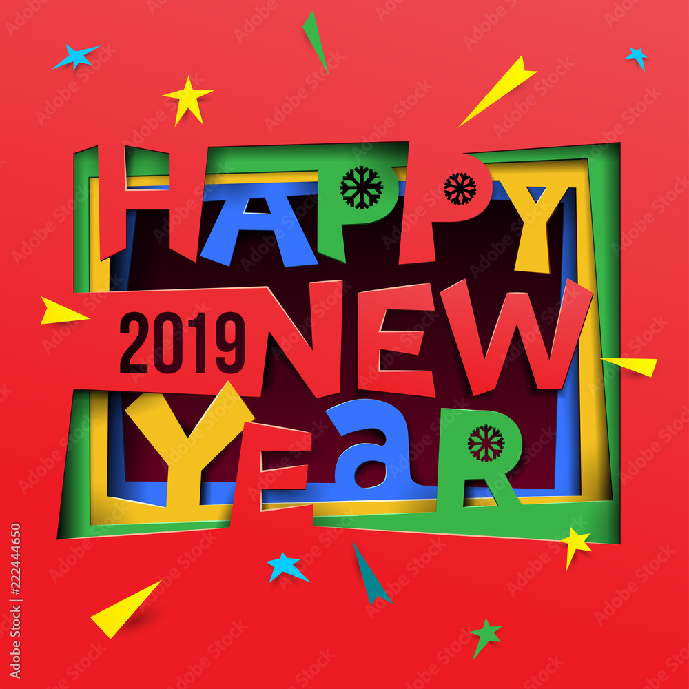 Fototapeta premium Creative happy new year 2019 design. Happy new year 2019 paper art and craft style. Vector illustration. Isolated on white background
