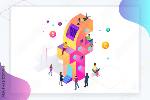 Isometric social media or social network concept. Internet marketing, like and message icons, chatting. People using a smart phone, tablet and laptop for working or playing social network, website