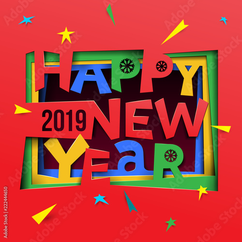 Creative happy new year 2019 design. Happy new year 2019 paper art and craft style. Vector illustration. Isolated on white background