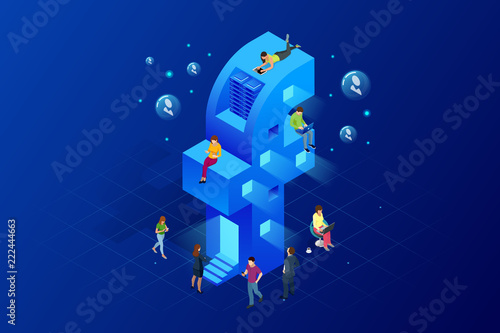 Isometric social media or social network concept. Internet marketing, like and message icons, chatting. People using a smart phone, tablet and laptop for working or playing social network, website