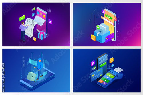 Isometric vector Online shopping concept. Landing page template. Modern ultraviolet design for a web page. Sale, consumerism, buy online and e-commerce concept.