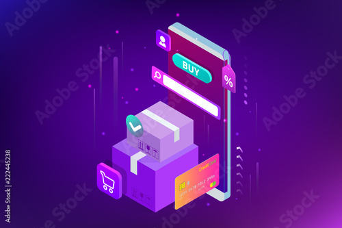 Isometric vector Online shopping concept. Landing page template. Modern ultraviolet design for a web page. Sale, consumerism, buy online and e-commerce concept.