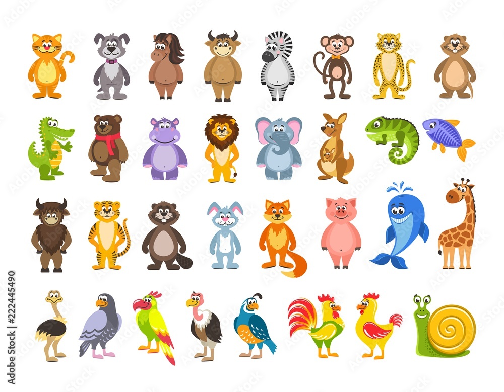 Big set of animals and birds. Lion, kangaroo, iguana, fish, hare, pig, giraffe, ostrich, snail. Cartoon characters on white background. Isolated objects. Colorful flat vector illustration for kids. Big set of animals and birds. Lion, kangaroo, iguana, fish, hare, pig, giraffe, ostrich, snail. Cartoon characters on white background. Isolated objects. Colorful flat vector illustration for kids.
