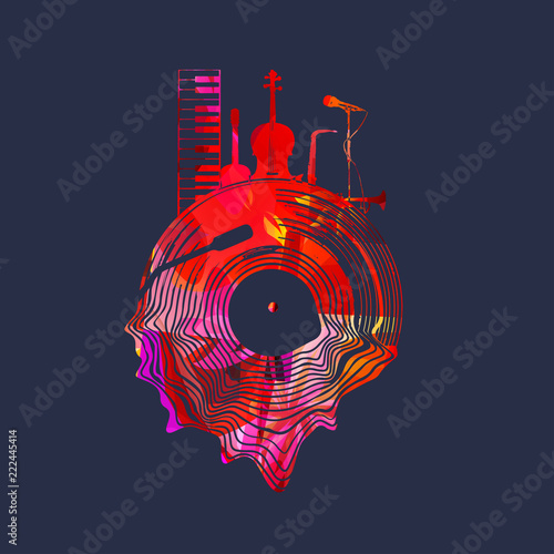 Music background with colorful vinyl record and music instruments vector illustration. Artistic music festival poster, live concert, creative design with lp record
