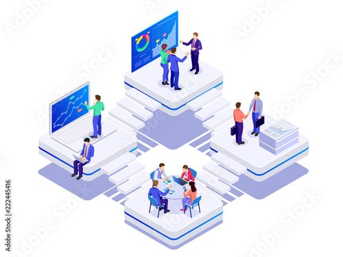 Isometric bussines co-working space concept. Creative people in the modern office. Teamwork is working together with laptop, tablet, smartphone, notebook. Successful hipster team in coworking space.