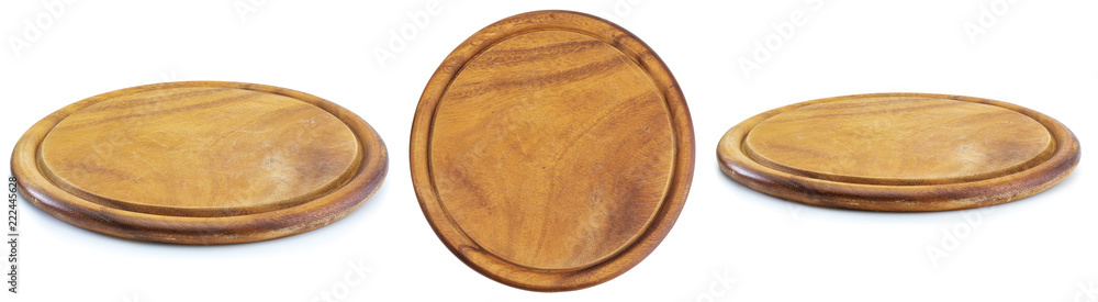 Round wooden plate with three views. Isolated on white background. Round wooden plate with three views. Isolated on white background.