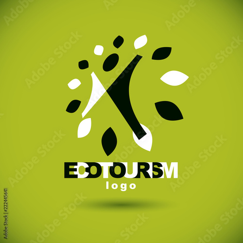 Vector illustration of excited abstract person with raised hands up. Ecotourism conceptual logo. Environmental conservation theme icon. Green ecology metaphor.