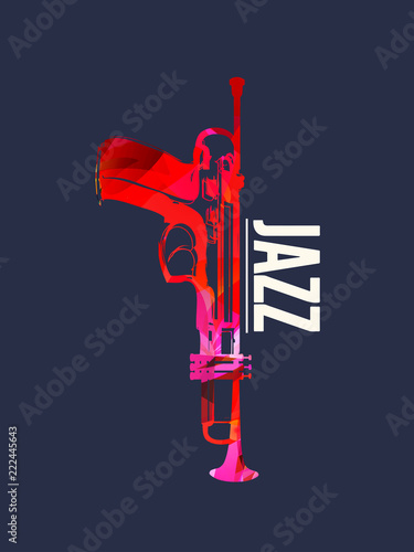 Jazz music background with colorful gun with trumpet vector illustration. Artistic music festival poster, live concert, creative banner design with word jazz