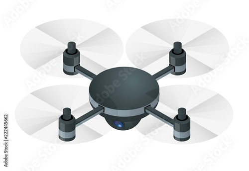 Isometric electric drone with video and photo camera for aerial photography isolated on white background vector illustration