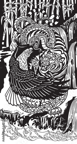 tiger eagle and snake fighting. Wild symbolic predators in a landscape. Graphic style vector illustration . Coloring page